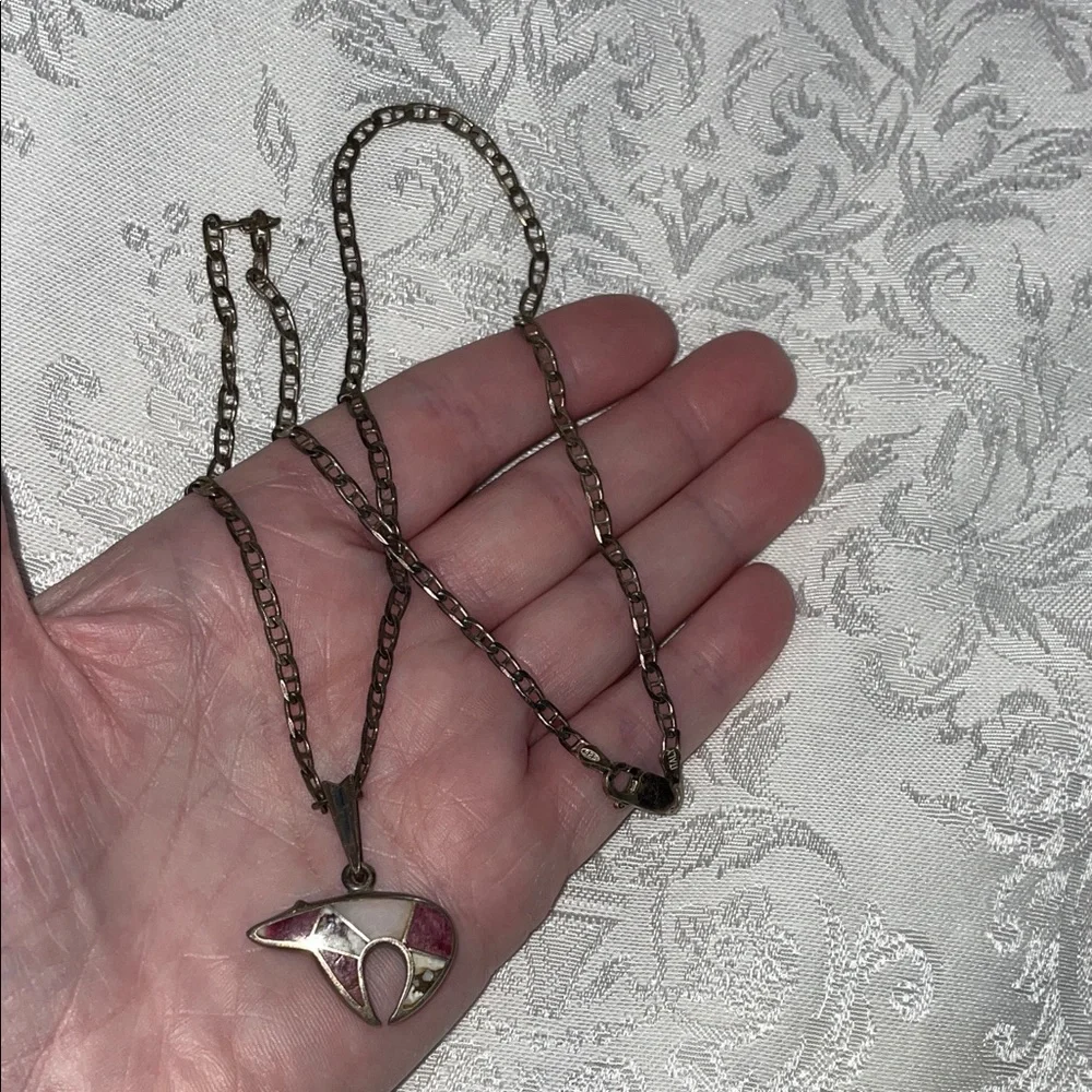 Rare Vintage Sterling Silver Inlay Elegant Pink Pendant Bear Necklace.  20” - Picture 4 of 11